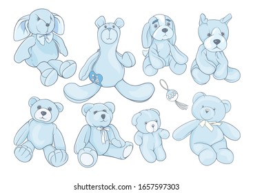 Set of Teddy bears, hare and dogs stuffed hand maade toys. Colored vector illustration. Isolated on white background.