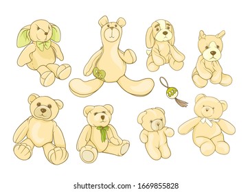 Conjunto de osos Teddy, liebre y perros rellenos de juguetes hechos a mano. Ilustración vectorial coloreada. Aislado sobre fondo blanco.