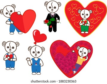 Set of teddy bears with heart. Valentine