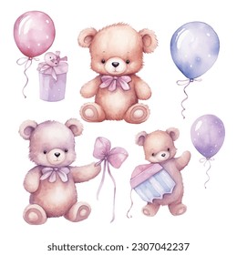 set of teddy bears and pink balloon, violet balloon, party, Gifts, cute baby teddy bear 