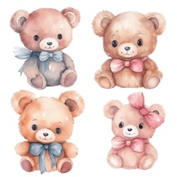 Set Of Teddy Bears And Ribbon, Cute Teddy