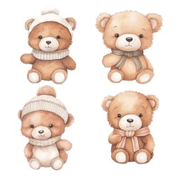 Set Of Teddy Bears And Ribbon, Cute Teddy, White Hat, Brown Bear
