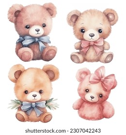 set of teddy bears and ribbon, cute teddy, blue and pink ribbon