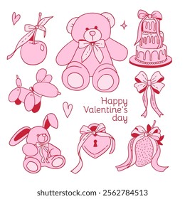 Set of teddy, bunny, lock, hearts, cake with cute coquette bows, ribbons. Elegant vintage cliparts in pastel pink color. Hand drawn line art girly vector illustration