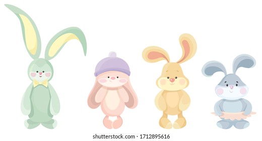 Set of teddy hares. Cute toys in cartoon style.