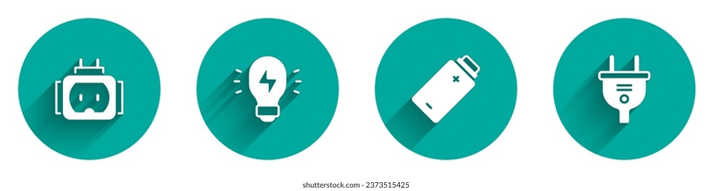 Set Tee plug electric, Creative lamp light idea, Battery charge and Electric icon with long shadow. Vector