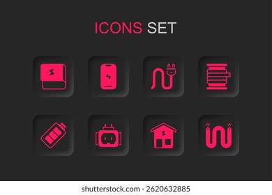 Set Tee plug electric, Mobile phone, Book about electricity, Smart home, Wire cable reel, Electric,  and Battery charge icon. Vector