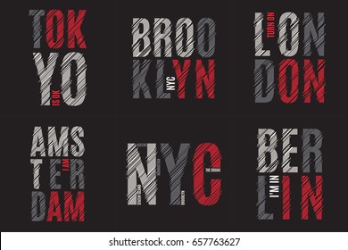 Set of tee prints with city names. T-shirt design graphics stamp label typography. Vector illustration.