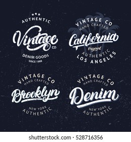 Set of tee prints, labels, badges. California, Vintage, Brooklyn and Denim hand written lettering. Tee apparel fashion design. Vintage style. Grunge texture. Vector illustration.