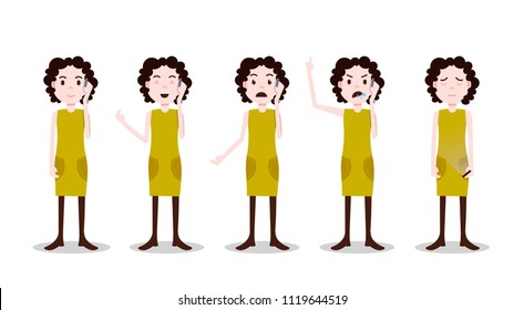 set teen girl character different poses and emotions phone call female template for design work and animation on white background full length flat person, vector illustration