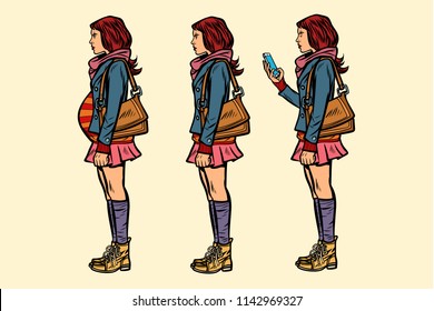 set of teen girl. pregnant and with phone. Pop art retro vector illustration kitsch vintage