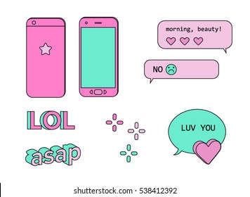 Set for teen patches, badges and pins. Pink mobile phone, sms text messages, smiles, urban lexicon and slang words in cartoon style.