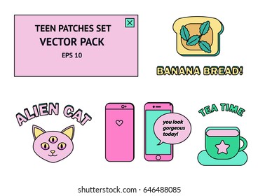 Set for teen patches, badges and pins. Pink mobile phone, sms text messages, alien cat in cartoon style.
