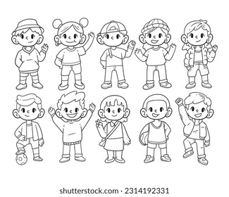 Set of teenage character outline sketch hand-drawn illustration
