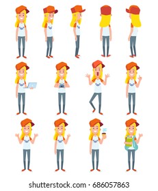 Set Of Teenage Girl In Different Poses. Vector Cartoon Character In A Flat Style For Your Projects.
