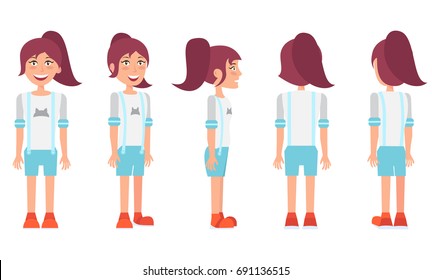 Set of teenage girl in different views, in various poses. Dressed in denim shorts, sneakers, t-shirt print. Vector cartoon character in a flat style.