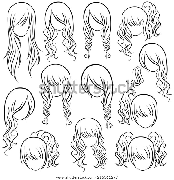 Set Teenage Girl Hairstyles Hand Drawing Stock Vektorgrafik