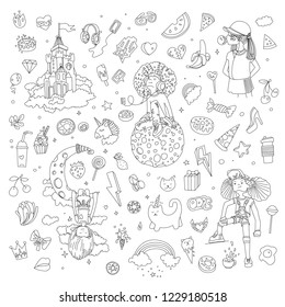 Set of teenage girl line icons, cute cartoon teen objects, fun line design vector in teenager girls concept. Doodle icon set for teenagers. Line hand drawn pizza, unicorn, sweets