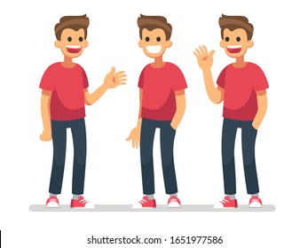 Set of teenage male characters. The man said hello. The man is smiling. Man is suggesting. Vector illustration.