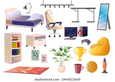Set of teenage room in flat cartoon design. Decor elements and furniture that often decorate teenage rooms on a clean white background. Vector illustration.
