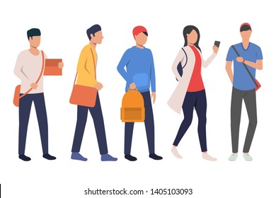 Set of teenage students with satchels. College students with bags and smartphone. Vector illustration for educational project, presentation, promo