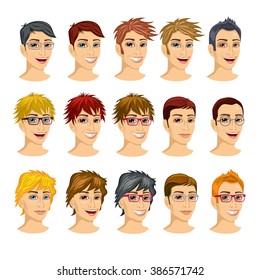 set of teenager avatar expressions with different hairstyles