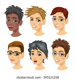 set of teenager boy avatar expressions with different hairstyles