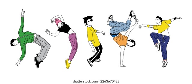 Set of teenager dancers hip hop, breakdance vector