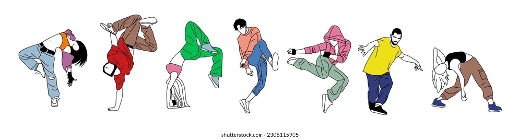 Set of teenager dancers hip hop, breakdance outline vector drawing isolated on white background. Young cool girl and boy dancing street dance in bright clothes. Korean japanese asian cartoon style