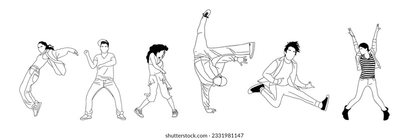 Set of teenager dancers hip hop, breakdance outline vector drawing isolated on white background. Young cool girl and boy dancing street dance black sketch. Korean japanese asian thin line style