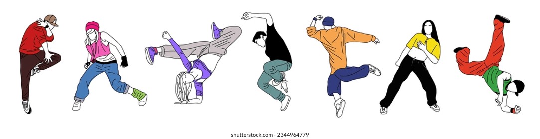 Set of teenager dancers hip hop, breakdance outline vector drawing isolated on white background. Young cool girl and boy dancing street dance in bright clothes. Korean japanese asian cartoon style