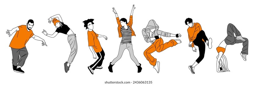 Conjunto de bailarines adolescentes hip hop breakdance dibujo