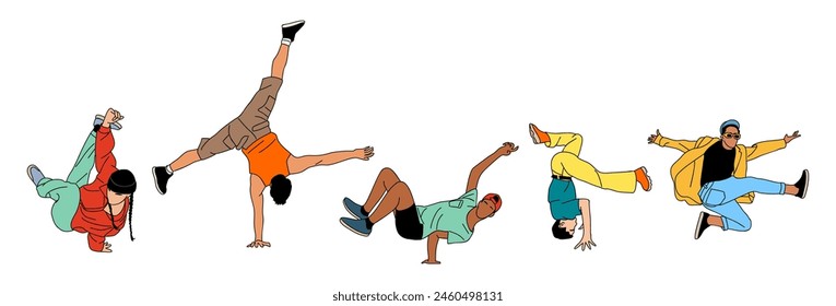 Set of teenager dancers hip hop, breakdance outline vector drawing on transparent background. Young cool girl and boy dancing street dance colored sketch. Korean japanese asian thin line style.