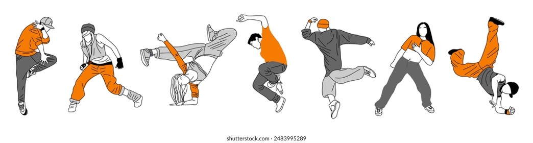 Conjunto de bailarines adolescentes hip hop, breakdance contorno Vector dibujo aislado sobre fondo blanco. Joven chica fresca y chico bailando en la calle bailan boceto de color. Coreano japonés asiático estilo de línea delgada.