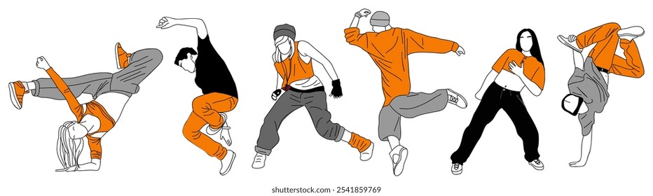 Set of teenager dancers hip hop, breakdance outline vector drawings isolated on white background. Young cool girl and boy dancing street dance colored sketch. Korean japanese asian thin line style.