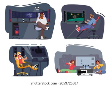 Set Teenager Gamers Playing Computer Games, Characters Wear Headset Sitting At Professional Desktops And Equipment. Cyber Sport Technologies, Tournament, Home Fun. Cartoon People Vector Illustration