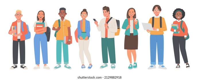 Set of teenagers characters. Guys and girls students hold books, smartphones and a laptop in their hands. Young multicultural people on a white background in full growth. Vector illustration in flat 