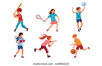 Set of teenagers doing various kinds of sports activities. Vector illustration in flat cartoon style