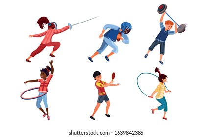 Set of teenagers doing various kinds of sports activities. Vector illustration in flat cartoon style