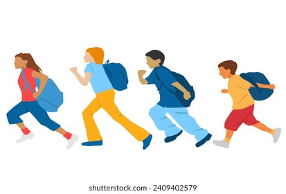  Conjunto de adolescentes corriendo con mochilas, diferentes colores, personaje de dibujos animados, grupo de siluetas de jóvenes en funcionamiento, estudiantes, concepto de diseño de icono plano, aislado en fondo blanco