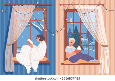 Set Teenagers sitting on the windowsill and reading a book. Girl and boy on the background of a window with a winter landscape. Window, Christmas garland, cozy holidays. Merry Christmas! Vector 