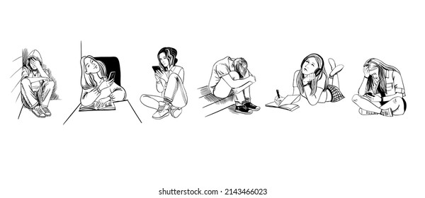 Set of teenagers in their daily lives. Vector sketch illustration