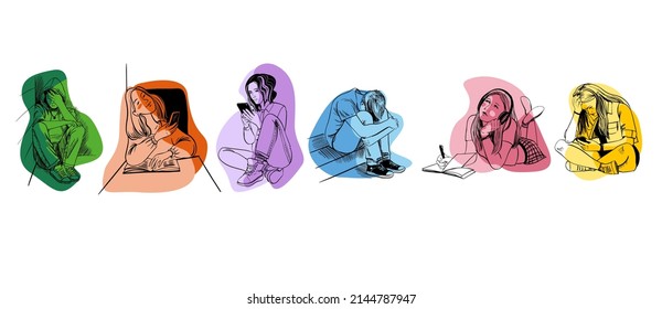 Set of teenagers in their daily lives. Vector sketch illustration