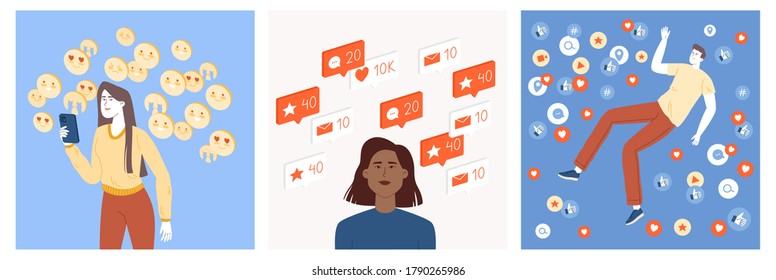 A set of teenagers who actively maintain their profile on social networks and receive feedback in the form of likes, emoticons, comments, tags, marks, new subscribers. Vector illustration in flat styl