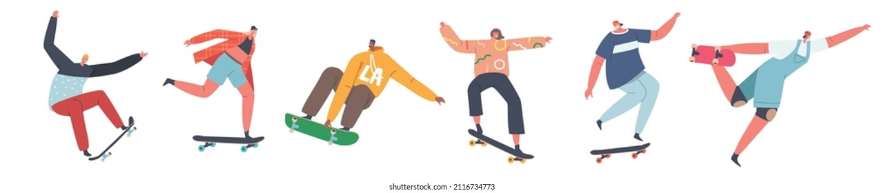 Set of Teens Making Stunts and Tricks on Skateboards. Young People Skating Longboards, Teenagers Skaters Boys and Girls Freedom Lifestyle. Urban Culture, Sport, Recreation. Cartoon Vector Illustration