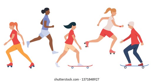 Set of teens skateboarding and rollerblading. Multiethnic girls and boy doing outdoor activities. Vector illustration can be used for presentation, brochure, leisure