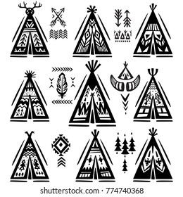 Set of tee-pee or wigwams with ornamental elements