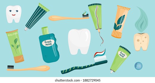 A set of teeth and accessories for cleaning the oral cavity in a cartoon style. Toothpastes and toothbrushes, healthy and sick tooth. Vector illustration for the care of the oral cavity.