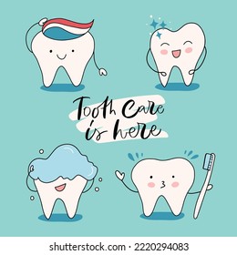 Set of teeth in action. Slogan of Tooth care is here. Cartoon dental character. Cute dentist mascot. Icons for social media, ad, business card, stickers, tee print. 