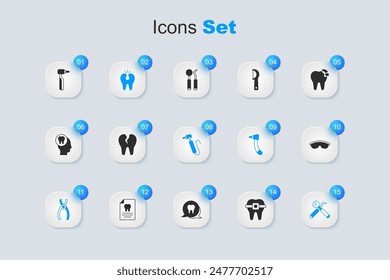 Set Teeth with braces, Broken tooth, Dental pliers, mirror and probe, Safety goggle glasses, Tooth drill and  icon. Vector